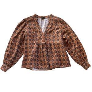 Banana Republic Cotton Corduroy Babydoll Balloon Sleeve Top Large Boho Print